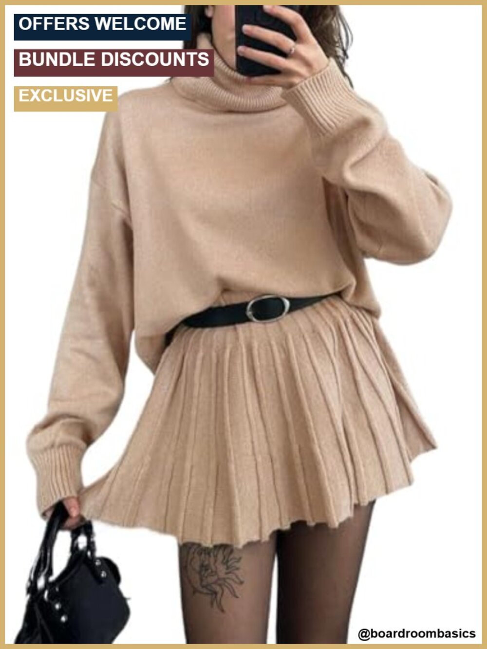 Women's 2 Piece Knit Sweater Skirt Set Turtleneck Pullover Mini Pleated